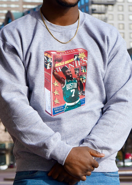 Beanies cereal box featuring J Brown crewneck